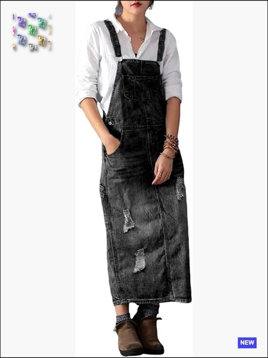 Dresses & Skirts - Adjustable Strap Distressed Denim Overall Dress A-Line Pinafore Jean Dress with